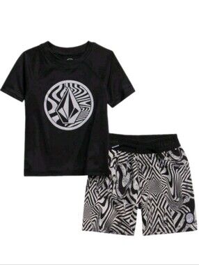 Volcom Black & White Rashguard Top & Swim Shorts Set
